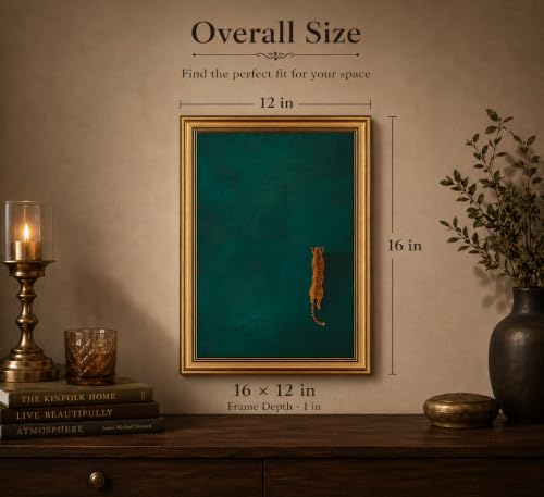 Image of Gold Framed 3D Textured Wall Art, Vintage Green Cheetah Canvas Prints, Minimalist Emerald Green Leopard Pictures Decor, Modern Trendy Animal Gallery Artwork for Living Room Bedroom Office 16x12 in