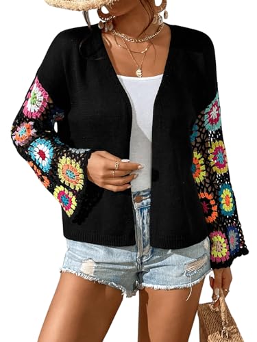 COZYEASE Women's Floral Crochet Long Sleeve Drop Shoulder Open Front Cardigan Sweater3