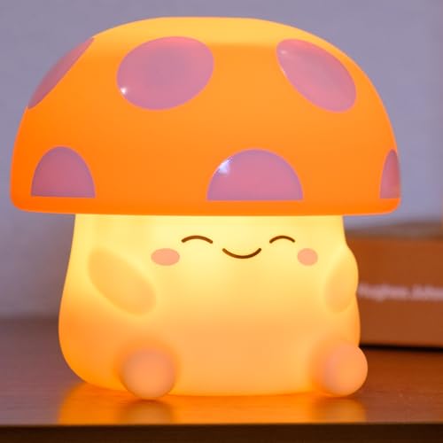 Mushi Ambient Mushroom Night Light, Cute Silicone Squishy Light Up Mushroom Lamp, Tap-Sensitive 3 Level Dimmable Nightlight, Easter Gifts for Kids, Battery-Powered Touch Lamp, Baby Nursery Decor