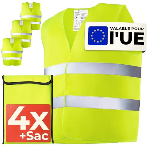 Prowiste 4 Gilet Jaune De Securite Ensemble Auto avec Sac – Certifié en ISO 20471, Valide à Travers l’Europe – Idéal pour Voiture, Construction - Taille Unique