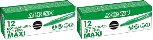 Alpino - Étui de 12 feutres maxi noirs | Marqueurs super lavables pour enfants | Super brillants marqueurs scolaires | Pointe épaisse 5,7 mm | Durée et résistance (Lot de 2)