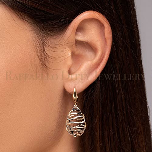 14K Gold Hoop Dangle Earrings, Real Yellow & White Gold, Two Tone Textured Pear Drop Earrings #TOP1