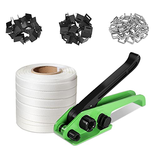Vteilas Banding Strapping Kit Pallet Packaging Tool, Strapping Tensioner Tool, 3/4" X 328' Heavy Duty Woven Cord (2420 Lbs Break Strength), 100 Metal Wire Buckles, And 100 Plastic Packaging Corner #TOP19