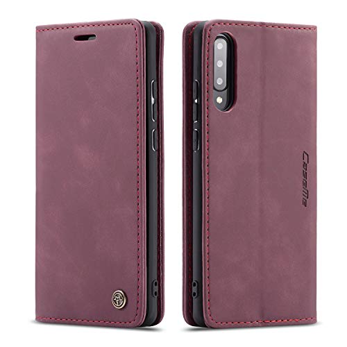 owlhold Hülle Samsung A70/A70S flip case Premium Lederhülle Weiches Vintage-Nubukleder Faltbare Ständer Schutzhülle Kartenfach Standfunktion stoßfest Handyhülle Samsung Galaxy A70/A70S -Weinrot