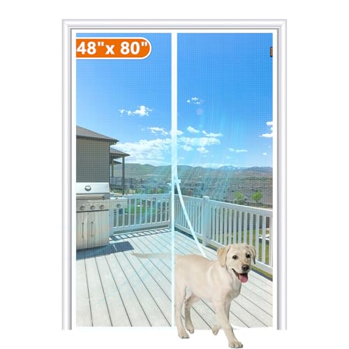 Image of MAGZO Screen Door Magnetic Fits Door Size 48 inchx 80 inch, Hands-Free Mesh White | 50 inch x 81 inch Magnetic Screen Door Mesh & Windproof Fastener, Pet Friendly Entry Door Screen Magnetic Closure
