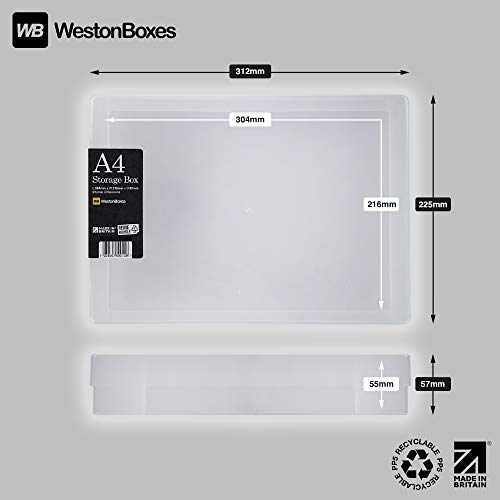 WestonBoxes A4 Plastic Craft Storage Boxes with Lids for Art Supplies, Paper and Card - 3.6 Litre Volume (Clear, Pack of 5)