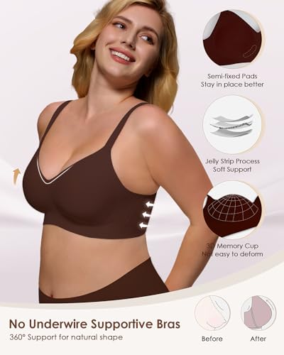 As Fairy Women's Seamless Wireless Push Up Comfort Bras V Neck Back Smoothing Bralette Full Coverage Lightly Pad Bra Coffee 38DD — view 2