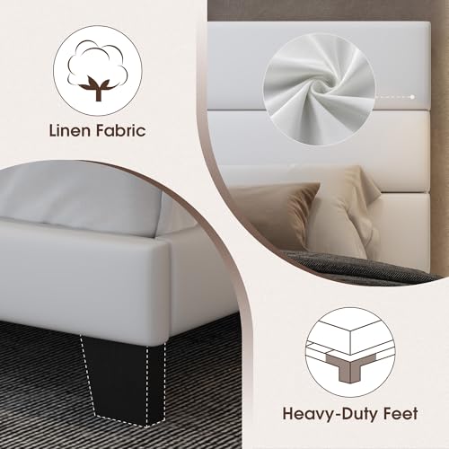 WEEWAY King Bed Frame Platform Bed with Velvet Upholstered Headboard and Wooden Slats Support, Heavy Duty Mattress Foundation, No Box Spring Needed, Easy Assembly, White