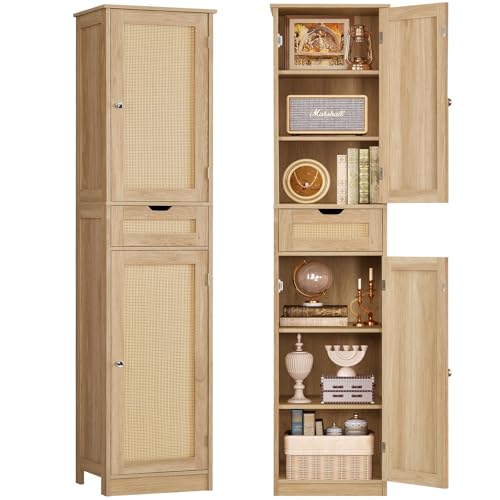 Image of TEENFON 67" H Tall Storage Cabinet with 2 Rattan Doors and 1 Drawer, Narrow Rattan Cabinet with Adjustable Shelves, for Living Room, Entryway, Kitchen, Natural