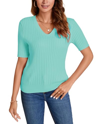 Image of Women Summer Knit Shirt Blouse V Neck Short Sleeve Pullover Sweater Tops