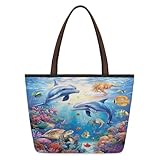 Mexpekil Wiederverwendbare Tragetasche für Damen, Meerestiere, Delfin, Unterwasserschildkröte, Fisch, große Kapazität, niedliche Umhängetasche für Einkaufen, Einkaufen, Arbeit, Buch, Meerestiere