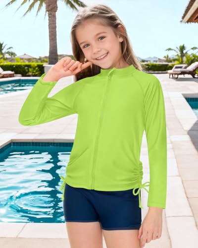 Image of BesserBay Child Girls UPF 50+ Lime Green Swim Shirt Long Sleeve Zip Up Rashguard Top 9-10 Years