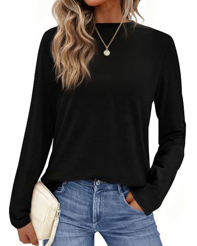 Image of GAYHAY Black Long Sleeve Shirt For Woman Crew Neck Casual Fall Tops Basic Loose Fit Tshirts Fashion Clothes Outfits 2025