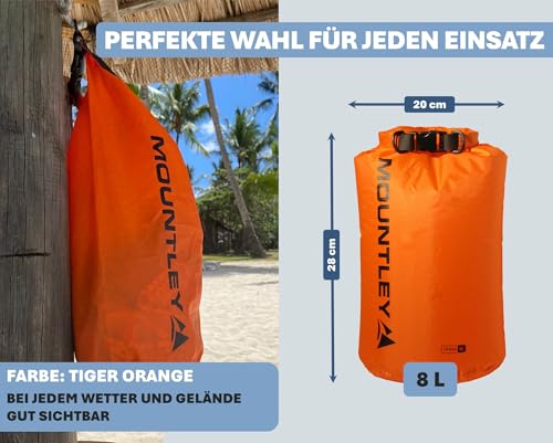 MOUNTLEY Dry Bag 8L - Ultraleichter Packsack wasserdicht, Faltbarer wasserdichter Beutel mit Premium Roll-Top, ideale Packlösung für Wandern, Outdoor, Camping & Wassersport (Orange, 8L)