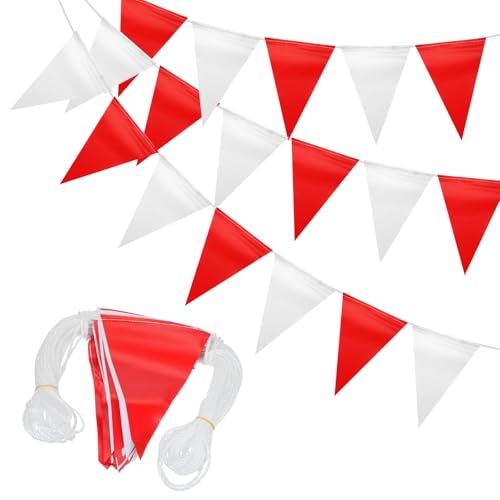 MECCANIXITY - MECCANIXITY 102Ft Pennant Banner Flags, 7"x10" Flagging Banner Warning Flags 500lbs Rated Marking Flags for Traffic Barrier Line Construction Site (Red/White, 45 Flags)