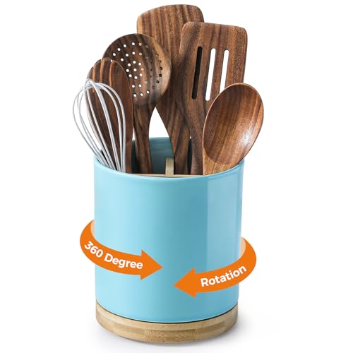 Image of LoeJan 3 Compartment Utensil Holder, Extra Large Utensil Crock, Stable Ceramic Utensil Organizer, Cooking Tool Organizer Set for Kitchen Counter Farmhouse Decor, Turquoise
