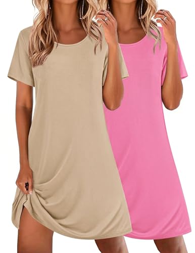 Image of Ekouaer 2 Pack Nightgowns for Women Sleepshirt Short Sleeve Night Shirts
