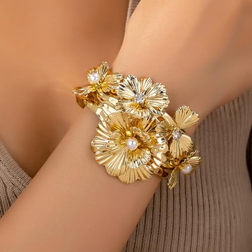 Chunky Gold Cuff Bracelets for Women Vintage Pearl Crystal Flower Bracelet Bohemian Style Open Bangle Chunky Flower Statement Wide Bracelet Birthday Party Wedding Jewelry2