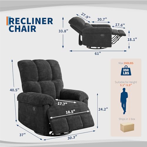 Image of GarveeHome Recliner Chair, 360 Swivel Rocker Glider Nursery Chair with Padded Armrest and Deep Seat, Chenille Upholstered Reclining Sofa Chair for Living Room, Bedroom and Nursery (Black)