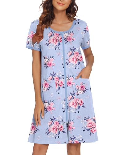 Image of Ekouaer Women Zipper Front House Coat Short Sleeves Robe Zip Up Bathrobes Short Nightgown with Pockets S-3XL