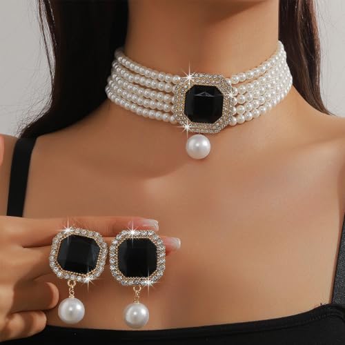 JNF Gold Plated Pearl Choker Collar Necklace for Women Crystal Rhinestone Pearl Statement Necklace and Earrings Bridal Pearls Diamond jewelry Set for Wedding4