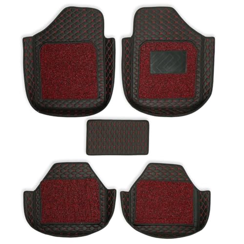 Image of CARNEST 7D Buket Car Floor Mat 5Pcs Set Universal Fit | Triple Stitch Waterproof & All-Weather Anti-Slip Car Mats Compatible with - IKON,Blk /Red