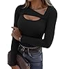 Aottori Long Sleeve Tops Women Ribbed Cutout Neck Shirts Ladies Basic Fitted Jumpers Sexy Plain Base Layer Underwear Pullover Tunic Tee Shirt Black M