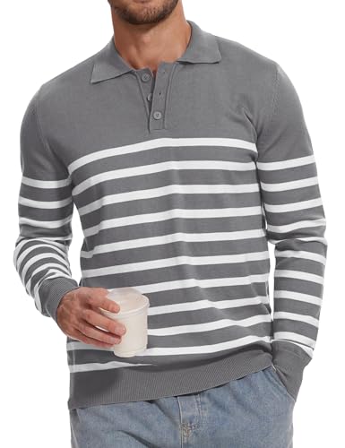 Demoking Striped Sweaters for Men Polo Shirts Long Sleeve Mens Casual Knit Sweater Grey XL