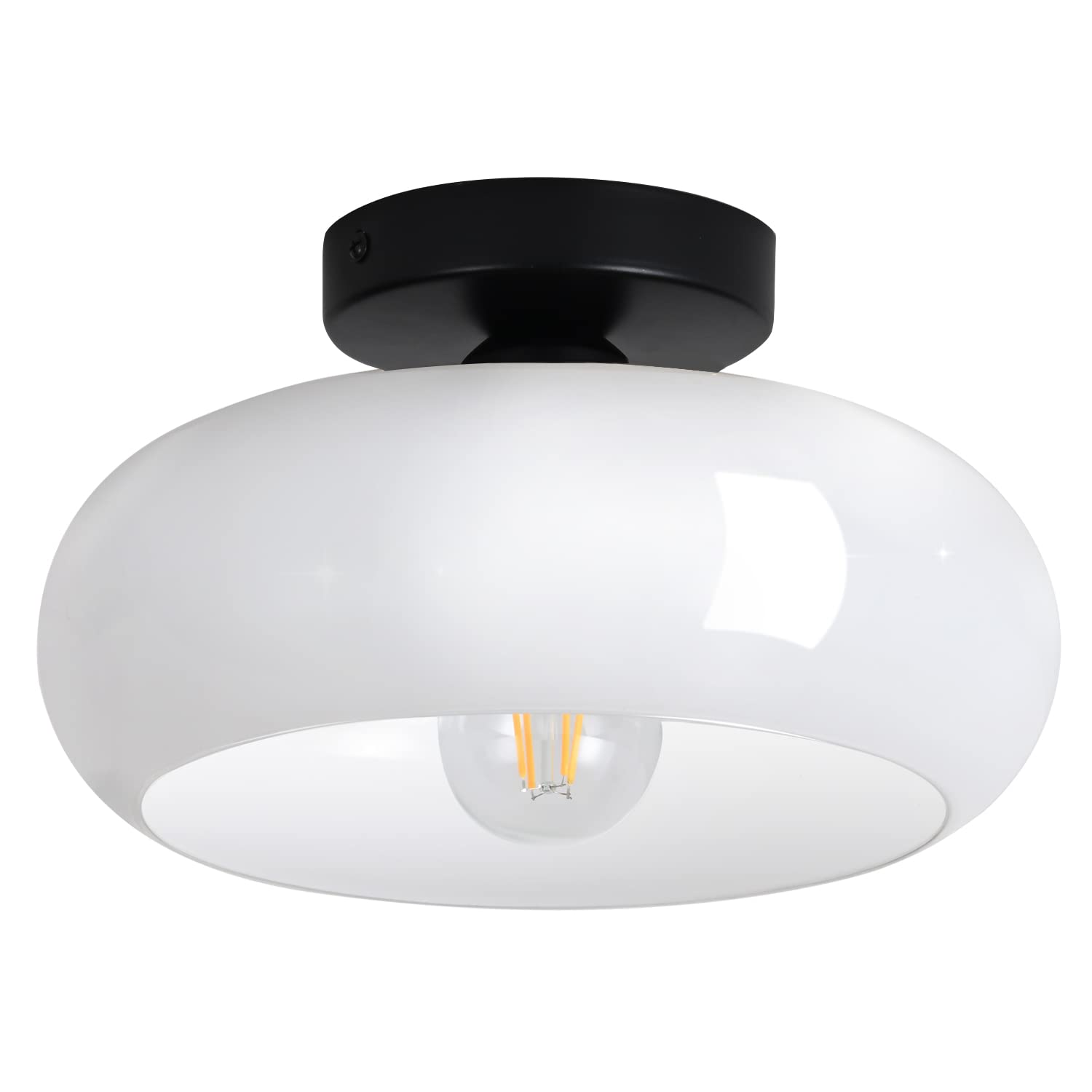 WOKNOS Modern Flush Mount Ceiling Light, Matte Black Finish Combined with White Glass, Circle Lighting for Bedroom Bathroom Laundry Room Porch Kitchen(Black&White, 11.0'')