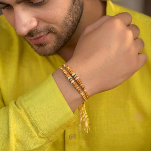 Image of Peora Rakhshabandhan Thread Rakhi for Brother Bhaiya | Kundan Beads & Crystal Studded | Combo Set of 2 | Rakhi Hamper Roli Chawal & Greeting Card