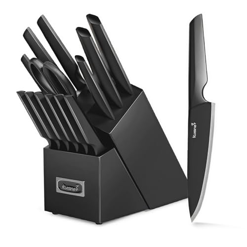 Image of KUISINE Upgraded Chef Knife Set One Piece Molding High Carbon Stainless Steel,Super Sharp Blade Ergonomic Steel Handle,Knife Block Set with Built-in Sharpener(EX Black Pro,15PCS)