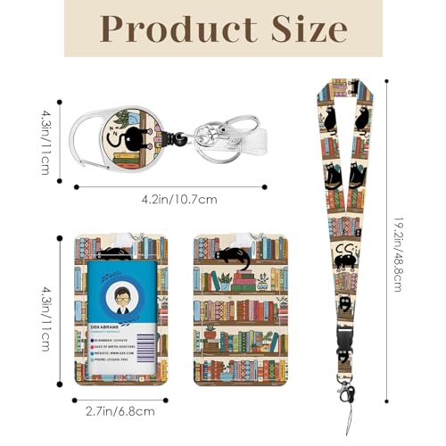 Buch-Schlüsselband für Ausweis, Bibliothekskatze, Ausweishalter mit einziehbarer Spule, Schlüsselanhänger, Schlüsselband mit Namensschild-Halter, Geschenke für Bibliothekar, Ausweishülle, Schutz für