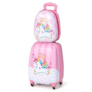 COSTWAY 2-delige kinderkoffer + rugzak, kindertrolley van kunststof, kinderbagage, kinderkofferset, handbagage, reisbagage, harde koffer voor jongens en meisjes, roze eenhoorns, 12″+16″, kinderkoffer