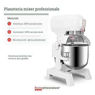 Ristoattrezzature Planetaria Impastatrice Professionale Monofase - Capacità 10 lt (Capacità Farina 2 kg, Capacità Impasto 4 kg) - Giri Motore 110, 178, 390 Rpm, Potenza 0.45 kW