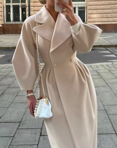 ZOCAVIA Women's Trench Coat Double Breasted Notch Lapel Pea Coats Business Casual Lantern Sleeve Maxi Long Wool Coat2