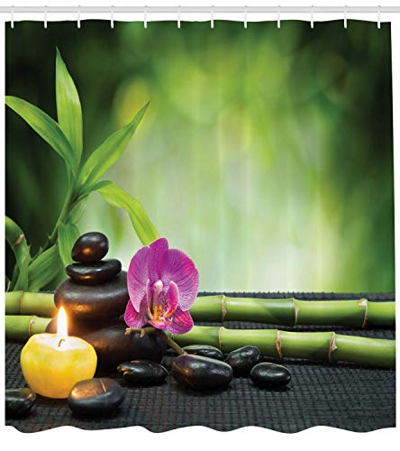 ABAKUHAUS Spa Shower Curtain, Orchid Bamboo Stems Chakra Stones Japanese Alternative Feng Shui Elements - Image 2