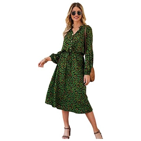 es-uk Women's Long Lantern Sleeve Button Up Tie Waist Leopard Print Midi Dress (S, Green) Cover