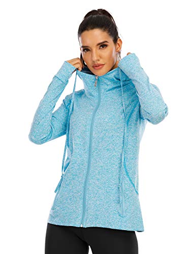 Koscacy Womens Zip up Hoodie ,Workout Jackets with Drawstring Hooded Sweatshirt Stretchy High Neck Long Sleeve Pockets Exercise Sporty Track Top Clothes for Women Gym Blue XL
