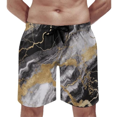 Men's Swim Trunks Black White Gold Foil Marble Quick Dry Beach Shorts Mesh Lined Swimming Shorts with Pockets