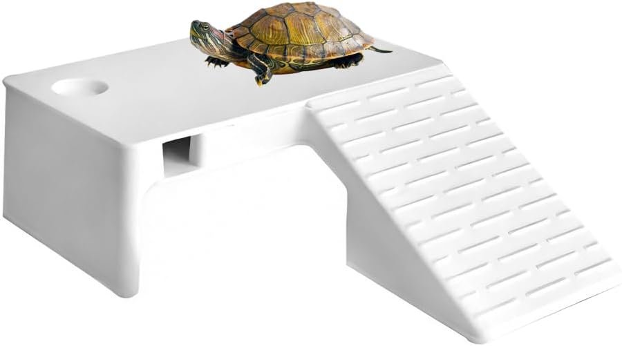 Turtle Basking Platform with Feeding Bowl, Non Slip Reptile Climbing Ramp with Water Pump Outlet, Aquatic Turtle Hideaway