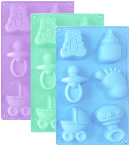 3 Pack Baby Shower Party Silicone Mold,DanziX Baby Carriage Feeding Bottle Little Feet Bear Pacifier Silicone Fondant Mold for Sugarcraft,Cake Decoration,Cupcake Topper,Chocolate-Purple,Blue,Green