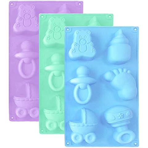 3 Pack Baby Shower Soap Silicone Mold, DanziX Baby Carriage Feeding Bottle Little Feet Bear Pacifier Silicone Fondant Mold for Sugarcraft,Cake Decoration,Chocolate-Purple,Blue,Green Cover