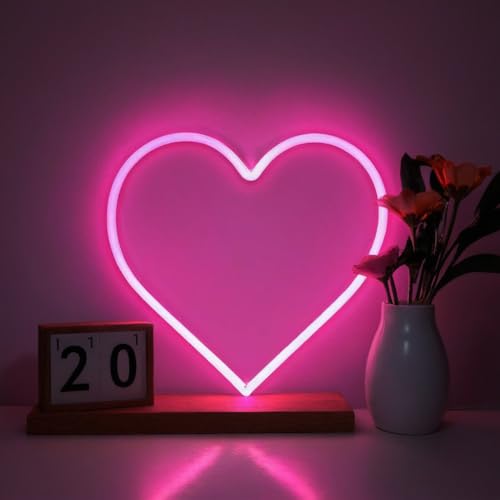 FULLBELL Pink Heart Neon Sign, LED Light Decoration Lamp, Battery or USB Powered, Table/Wall Decor (Pink, 1 Pack)