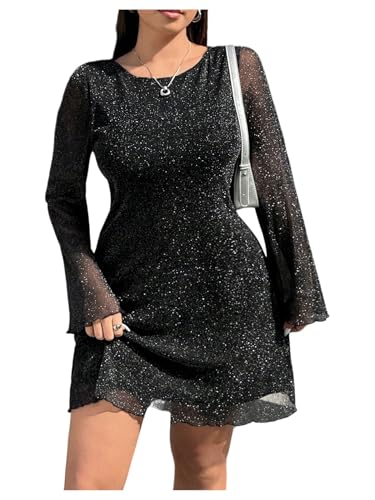 BEAUDRM Women's Plus Size Sparkly Mini Dress Elegant Mesh Crew Neck Long Sleeve Night Out Dresses Black XX-Large Plus