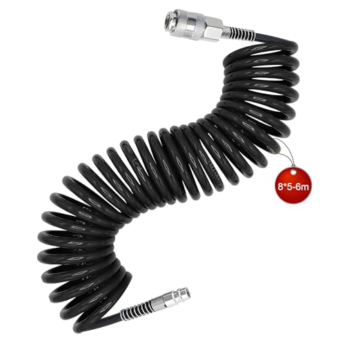 SRJQXH 6m Tuyau Air Comprimé, Spirale Tuyau Compresseur D'air, Diamètre 8x5 mm Flexible Compresseur Air, Noir, avec Connecteur, pour la Maison, L'atelier, L'atelier de...