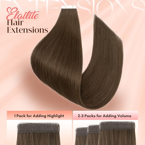 Image of Elailite Tape in Hair Extensions Human Hair Thick Real Remy Hairpieces Dark Brown 14 Inch 40g 20pcs Straight Invisible Seamless Skin Weft Best Tape for Women
