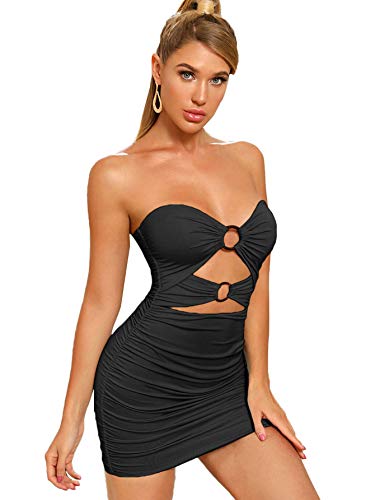 Floerns Women s Strapless Cut Out Bandeau Tube Ruched Bodycon Mini Club Dress Black M