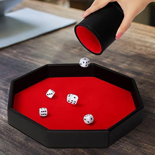 Belle Vous Black PU Leather and Red Velvet Octagon Rolling Dice Storage Tray with Cup & Dice - Dice Holder Box for Tabletop Games Like RPG and DND/D&D with Matching Cup - Catchall Tray for Jewellery