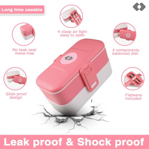 Sarz Bento Lunch Box For Kids- With 2 Containers And 4 Compartments, Girls Modern Stackable Cute Bento Lunch Box With Cutlery Set, Two Adjustable Dividers, Microwave And Dishwasher Safe (Pink) #TOP1