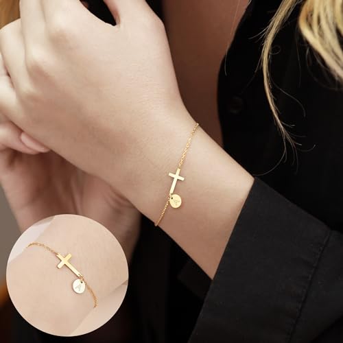 Cross Bracelet for Women, Easter Basket Stuffers for Teens Gold Initial Bracelets for Teen Christian Gifts for Women Dainty Religious Baptism Religious Confirmation Communion Faith Jewelry